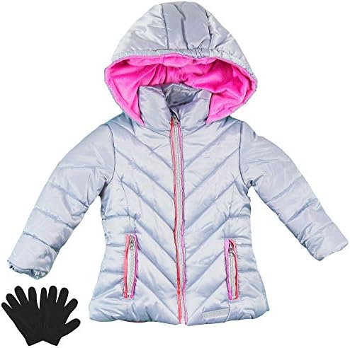 London Fog Girls Heavy Weight Warm Jacket - Winter Coat and Gloves Silver Gray 5/6