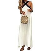 yoeasy Womens Summer Halter Neck Dress Criss Cross Sleeveless Backless Boho Flowy Swing Cotton Linen Long Dress