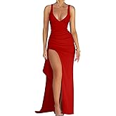Memoriesea Women's Sexy Plunge Neckline Bodycon Ruched High Slit Party Maxi Dress