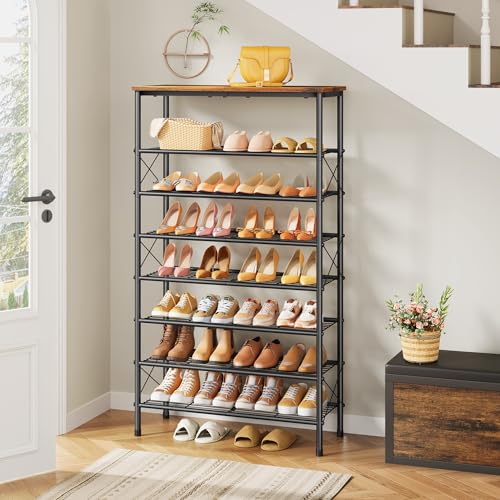 Tajsoon 8 Tier Free Standing Shoe Rack for 28-32 Pairs, X Shape Fixed Frame Metal Mesh Shoe Rack for Closet, Rustic Brown & Black