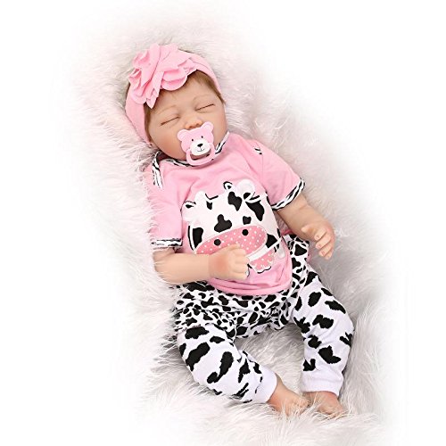 Sleeping Reborn Baby Doll Girl Silicone Eyes Closed New Born 22 inch Pink Cow Outfit Realistic Lifelike Doll Baby for Festival Gift