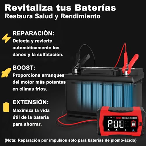 HTRC Car Battery Charger 16A 6V/12V/24V, Car Battery Charger with LCD Display Compatible with Boats, SUVs, Motorcycles and Lithium, LiFePO4, Lead-Acid Batteries (AGM, Gel, MF, EFB, SLA, Wet)