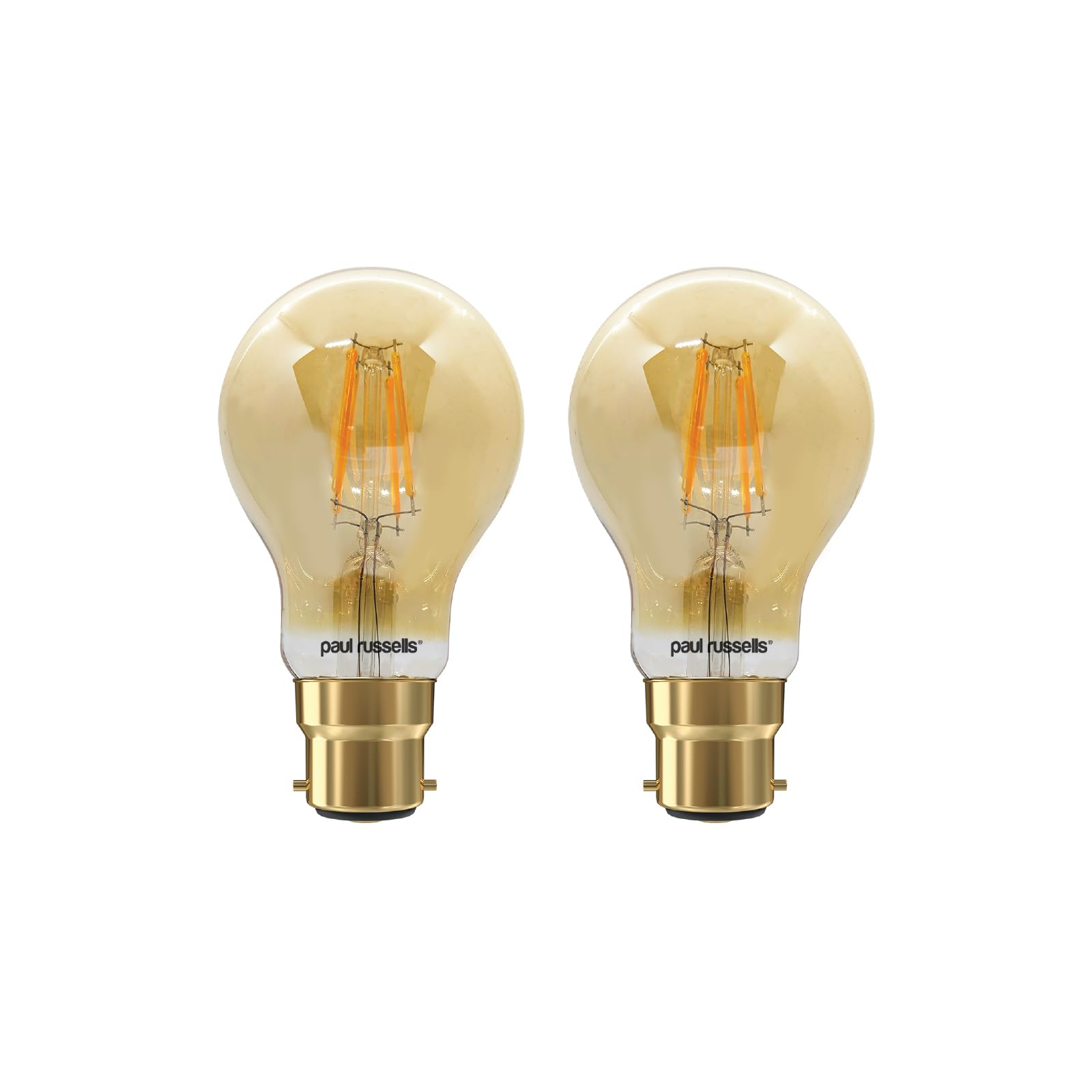 paul russells B22 Bayonet Cap LED Filament – 7Watt 50W Equivalent 680LM Lumens 2200K BC Standard GLS A60 – Amber Bright Energy Saving Light Non-Dimmable – Extra Warm White Bulbs - Pack of 2