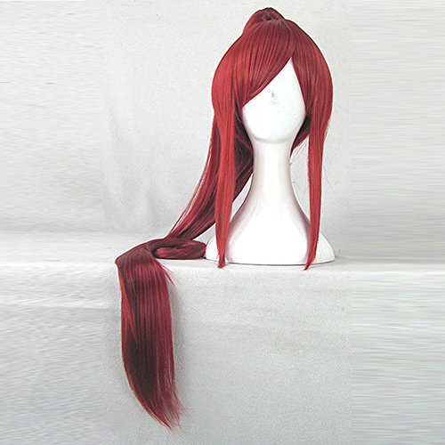 FAIRY TAIL Erza Scarlet 100CM Long Deep Red Cosplay Wig + 1 ponytails