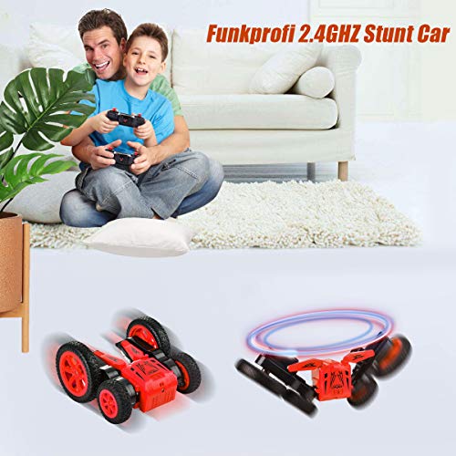 Funkprofi Remote Control Cars RC Stunt Cars for Kids, 1:24 4WD Double Sided Rotating, 360° Flips Spin to Bloom, 2.4Ghz Rechargeable RC Cars with LED Headlights, Toy Cars for Boys & Girls Gifts