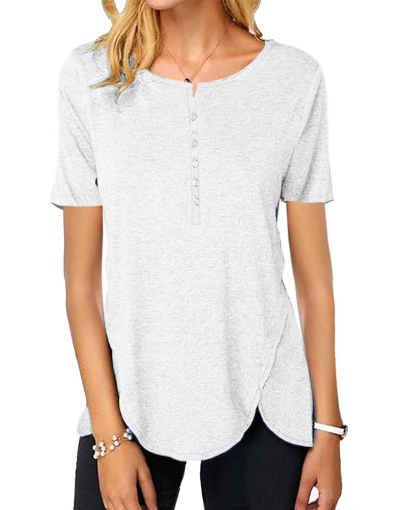 Buy Womens Short Sleeve Button Up Henley Shirts Casual Crewneck