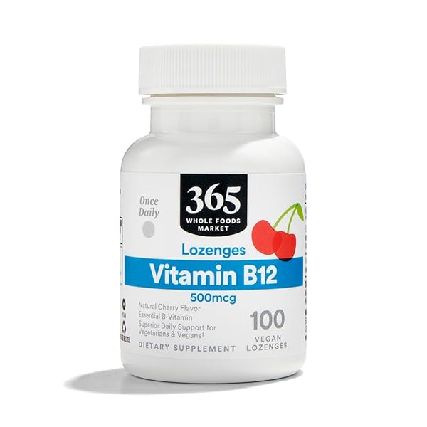 365 BY WHOLE FOODS MARKET, VITAMIN B12 500MCG LOZENGES, NATURAL CHERRY FLAVOR, VEGAN, 100 COUNT