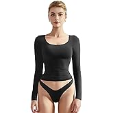 SUUKSESS Women Double Lined Fitted Basic T Shirts Scoop Neck Long Sleeve Crop Top