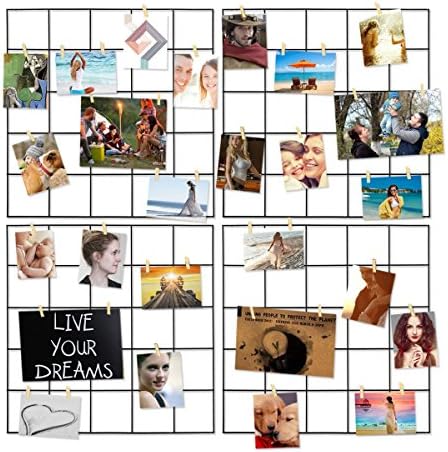 4 Pcs Multifunction Metal Mesh Wire Grid Panel,Wall Decor &amp; Photo Hanging Display &amp; Wall Art Organizer with 30 Clip and 16 Non-trace Nail for Chrismtas Decor (Black)