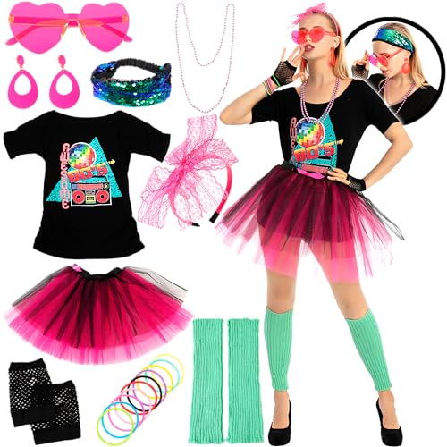 Spooktacular Creations 80s Outfit Woman Halloween Accessories Set, 80s Costumes for Adults with T-Shirt Tutu Headband & Other