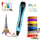 3D Printing Pen - 2019 Christmas Upgrade 3D Pen Gift with 12 Colors 1.75mm PLA Filament Refills and Stencil Safe for Kids Adults, Non-Clogging, Controllable Temperature, Auto Off, USB Charging - Blue