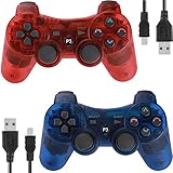 Wireless Controllers for PS3 Playstation 3 Dual Shock, Bluetooth Remote Joystick Gamepad for Six-axis with Charging Cable,Pack of 2 (ClearRed and CLearBlue1)