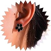 Yheakne Boho Enamel Black Flower Earrings Black Flower Stud Earring Small No Piercing Earring Black Cz Clip On Earrings Jewelry for Women