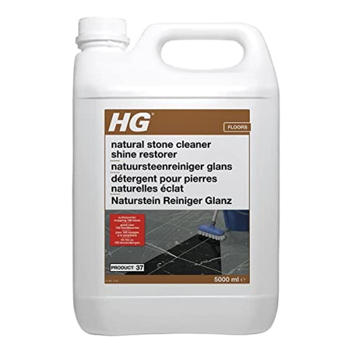 HG Natural Stone Cleaner & Shine Restorer, Limestone Floor & Marble Stone Safe, Floor Polish, Mark Remover, Oil Remover & Stain Remover, Porcelain Tile Cleaner & Floor Cleaner - 5L