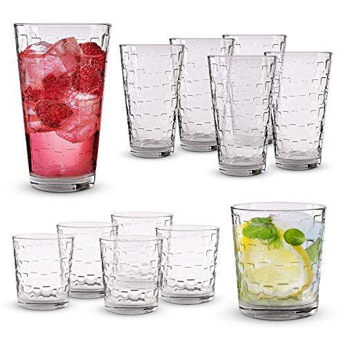 Emenest Clear Drinking Glasses (Set of 12) | Real Glassware with Heavy Base | 6 Highball and 6 Double Old Fashioned Drinkware | Mixed Tumbler Set For Water, Whiskey, Cocktails | Best Kitchen Gift
