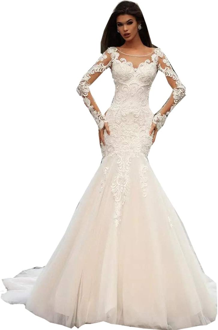 long sleeve lace open back mermaid wedding dress