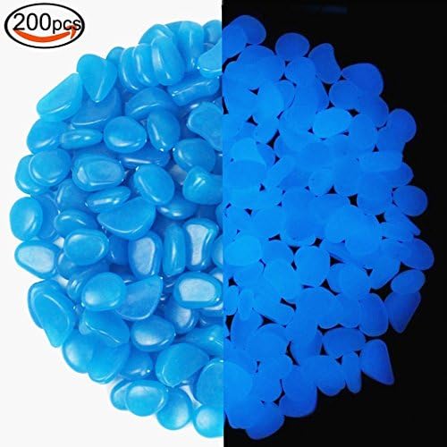Solar Powered Glow Pebbles, 200pcs Glow in the Dark Garden Pebbles Glow Stones Rocks for Outdoor walkway, bonsai, aquarium and Garden Décor (Blue/Glow Blue)
