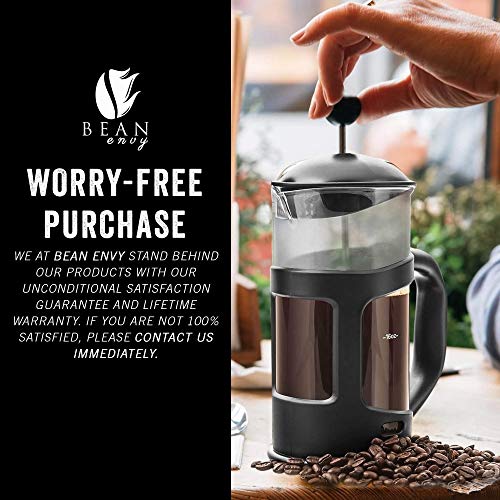 Bean Envy French Press Coffee Maker and Milk Frother Set 34 oz Glass
