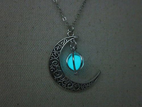 Glowing Crescent Moon Necklace,Glowing Orb Necklace,glow in the dark necklace,twilight necklace,Halloween jewelry,halloween gift