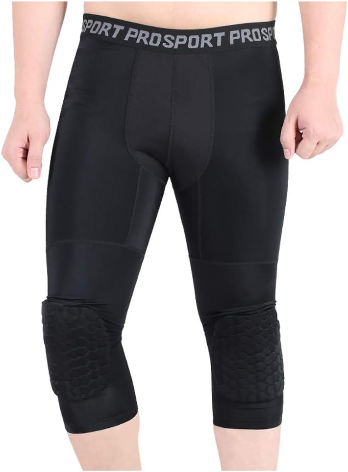 Men’s Padded Compression Tights ¾Length Leggings with Knee Protection