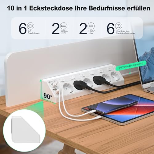 HITRENDS Ecksteckdose mit USB, 6 Fach Tischsteckdose Steckdosenleiste mit Schalter, Mehrfachsteckdose Ecke Steckerleiste mit 2 USB und 2 Type-C, 10 in 1 Überspannungsschutz mit 2M Kabel, Weiß