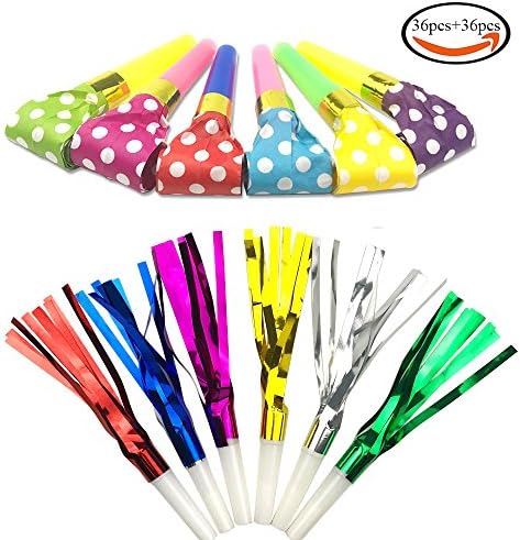 SHAN RUI 72pcs Two Kinds of Musical Blowouts Party Horns Whistle Fringed Noisemaker for Party Favors