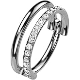Pierced Owl 16GA G23 Implant Grade Titanium Double Hoop with One Paved Lined Hinged Segment Ring