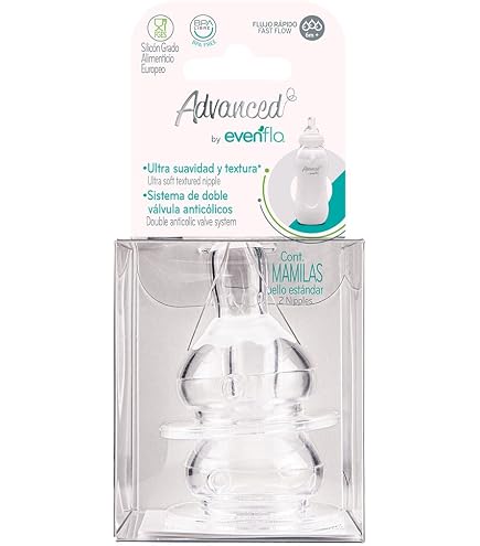 Evenflo Advanced Mamilas Anticólicos, Cuello Estándar, Flujo Medio, Silicón Grado Alimenticio, Libre de BPA, 3+ Meses, 2 Piezas Bebé