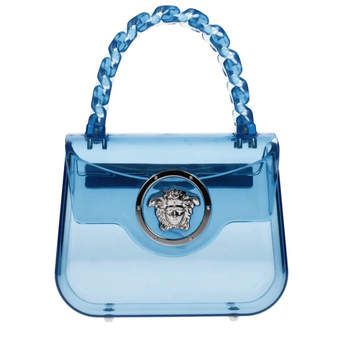 Versace Medusa Women’s Mini Transparent Blue PVC Handbag – Flap Closure, Top Handle & Shoulder Strap, Designer Luxury Bag