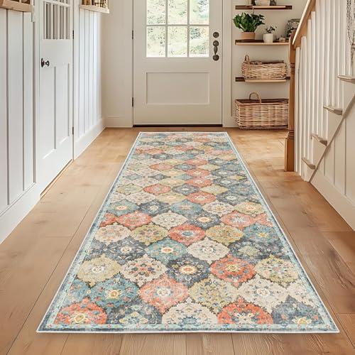 WTHYGB Teppich Läufer Flur Teppichläufer Küchenläufer Küche Teppiche rutschfest Waschbar Bettvorleger für Flur Waschküche, 60x200cm Blumen Boho