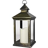 Bright Zeal 14" Tall Vintage Decorative Lantern with LED Pillar Candle (Distressed Gold) - Outdoor Lights Decorative Hanging 