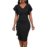Bdwinz Summer Church Dress for Women V Neck Ruffle Short Sleeve Bodycon Work Midi Dresses