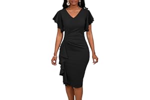 Bdwinz Summer Church Dress for Women V Neck Ruffle Short Sleeve Bodycon Work Midi Dresses