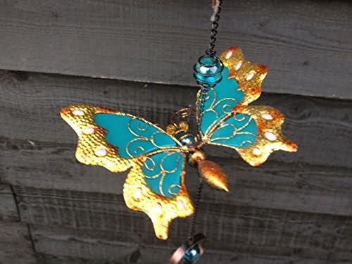 Pretty Hanging Metal With Glow In The Dark Glass Butterfly Wind Chime Bell (Blue/Gold)