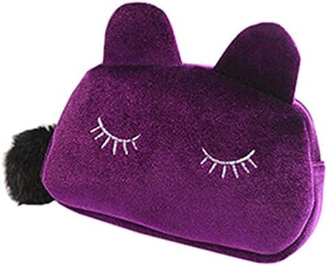 Portable Cartoon Cat Makeup Flannel Cosmetic Bag Pouch Travel Size (Purple)