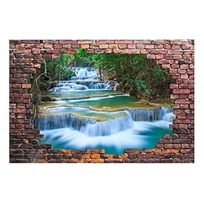 Large Wall Mural - Cascading Waterfalls in The Forest Viewed Through a Broken Brick Wall | 3D Visual Effect Self-Adhesive Vinyl Wallpaper/Removable Modern Decorating Wall Art - 66" x 96"