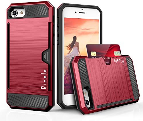 iPhone 7 Wallet Case Hybrid Slim Brushed Metal Design Case Credit Card Slot Holder for Apple iPhone 7 [Protective Grip Card Case] (Red)