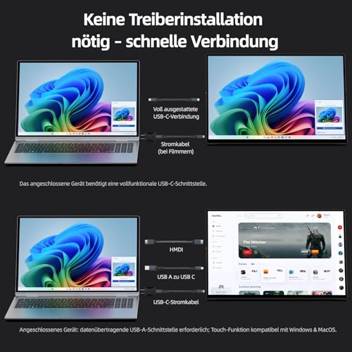 Intehill 16 Inch 2.5K 120Hz Portable Monitor Touch Screen, 16:10 Gold Ratio, 100% sRGB & HDR, Built-in Stand & VESA Compatible, 2X USB-C & HDMI, for Work/Games/Travel - T16KB (Black)