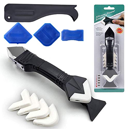 Caulking Tool Kit, 3 in 1 Caulking Tools(stainless steelhead) Silicone Sealant Finishing Tool Grout Scraper, Reuse and Replace 5 Silicone Pads,Great Tools for Kitchen Bathroom Window,Sink Joint