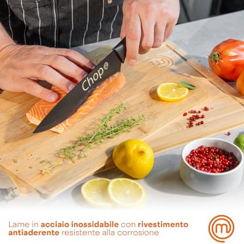 MasterChef Set Coltelli da Cucina, Collezione di Coltello Chef per Pane, Carne e Verdure, Acciaio Inox, Prova di Calore, Lavabile in Lavastoviglie, 5 Pezzi, Nero, Captions