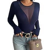 Sulozom Women Long Sleeve Sexy Mesh Deep V Neck Tight Fitted Shirts 2025 Fashion Y2K Shirts Cute Going Out Basic Tees Tops