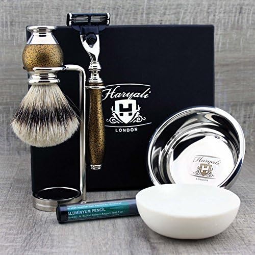 Haryali London 6Pc Mens Shaving Kit 3 Edge Razor, Silver Tip Badger Hair Brush, Bowl, Stand, Soap and Alum Perfect Gift Set For Men