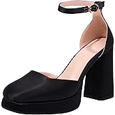 XIEDA Women's Closed Toe Platform Chunky High Block Satin Heels 4 Inch Ankle Strap Party Prom Dress Pumps