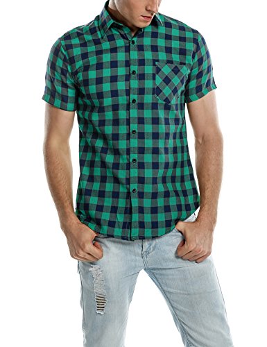 Coofandy Men's Short Sleeve Turn Down Collar Casual Plaid Shirt ,Green ,Medium