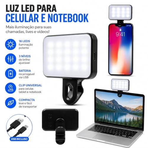 Luz de selfie para Vídeo com Presilha perfeito para Celular, Computador, Portátil, Recarregável USB, para Fotografia, Selfie, Videoconferência, Led premium