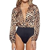 Women Jumpsuit Fitfulvan Leopard Printed V-Neck Bodysuit Catsuit Yoga Long Sleeve Bodysuit Ladies Casual Playsuit Top