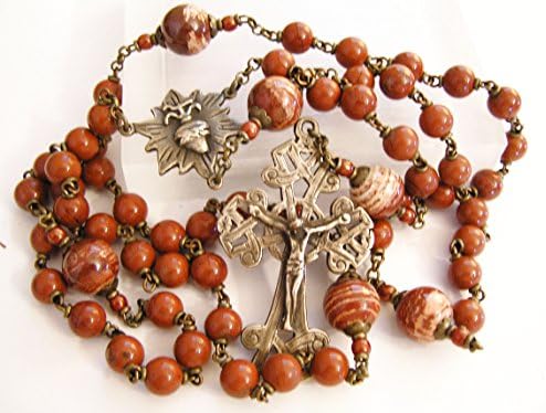 Celtic Sacred Heart Handmade Bronze Catholic Rosary Antique Replica in Red and Snakeskin Jasper Gemstone RO2576