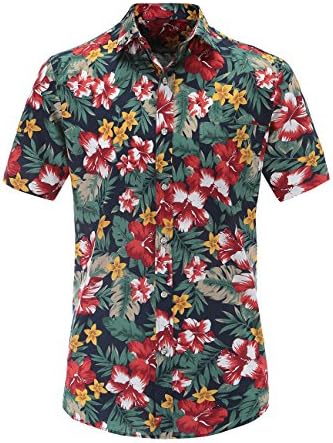 JEETOO Mens Casual Flower Print Hibiscus Short Sleeve Hawaiian Aloha Shirt
