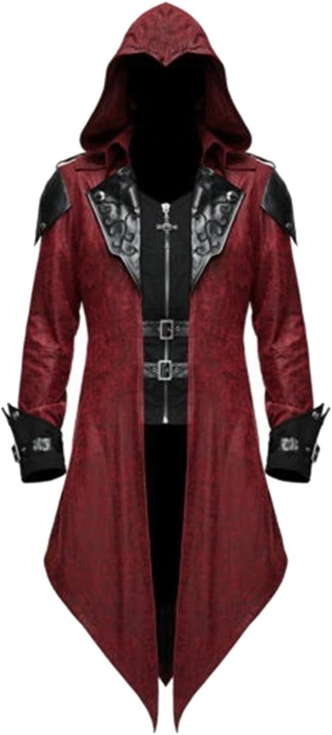 icewalker Adult Mens Medieval Costume Gothic Victorian Tailcoat Red Leather Hooded Steampunk Jacket Christmas Stage Cosplay Fancy Dress