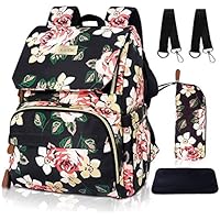esafio Diaper Bag Backpack Floral Baby Bag Water-Resistant Mommy Backpack with Insulated Water Bottle Bag/Changing Pad, Large Capacity (Flower Pattern)